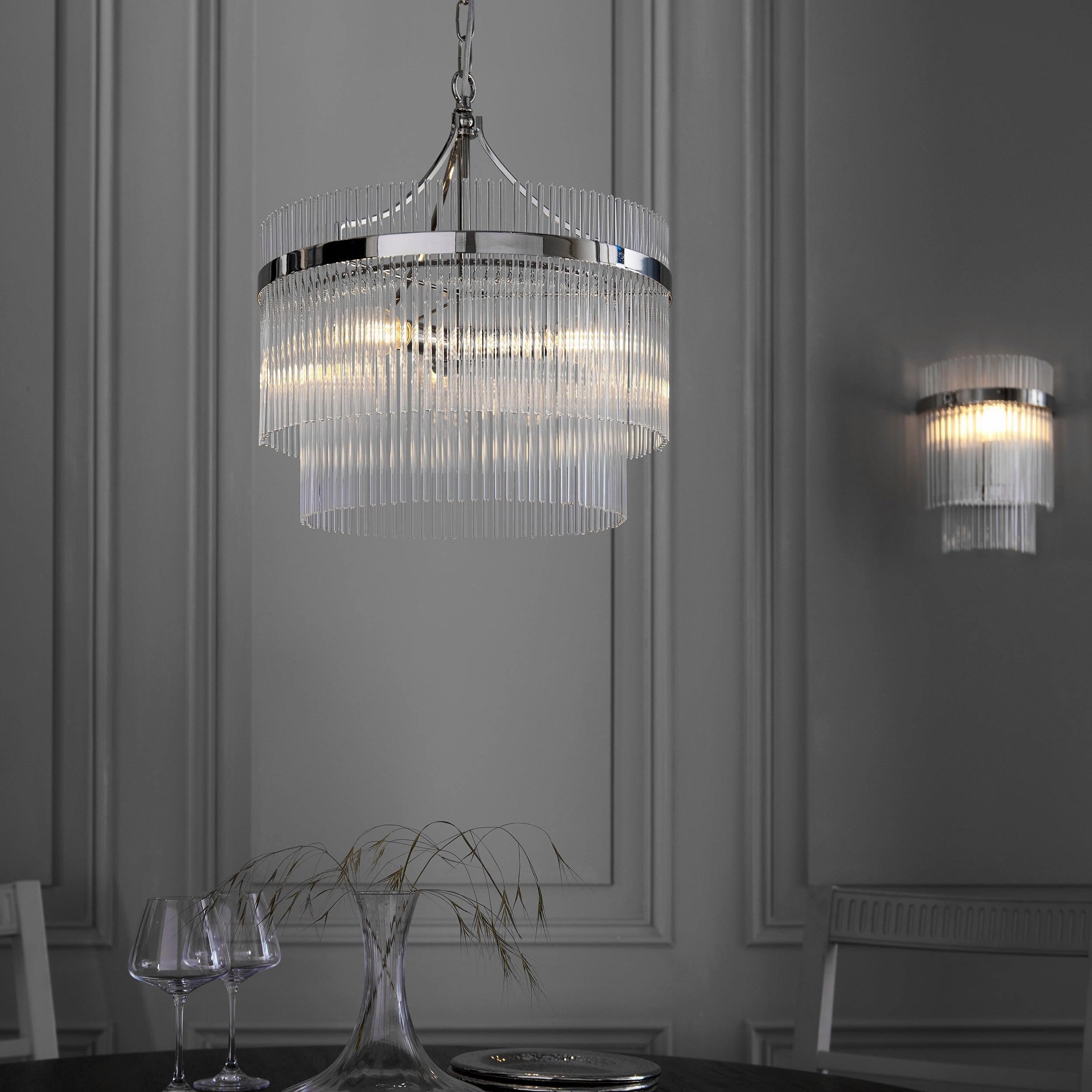 Marietta 3 Light Nickel & Glass Rod Ceiling Pendant