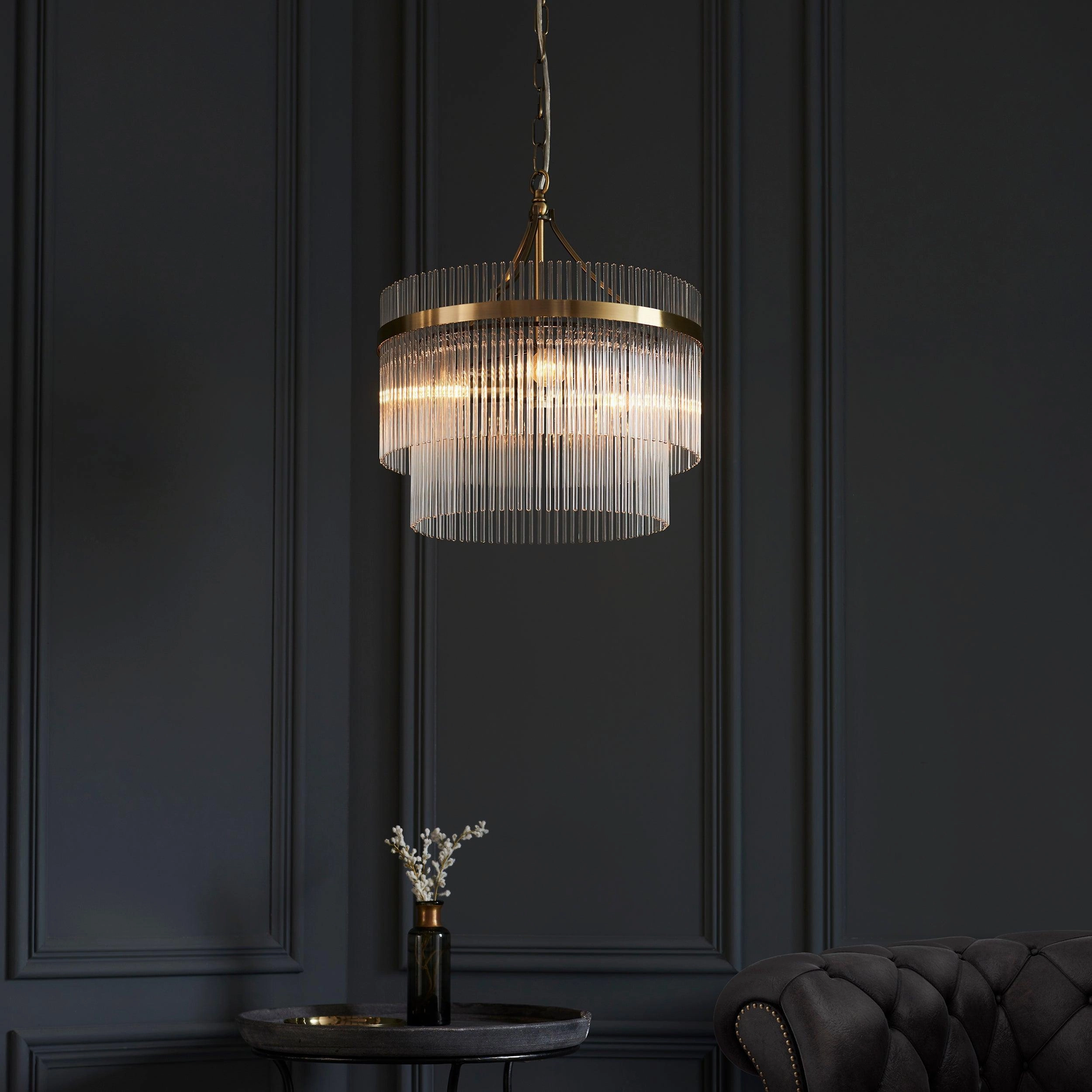 Marietta Brass 3 Light Ceiling Pendant - Glass Rods