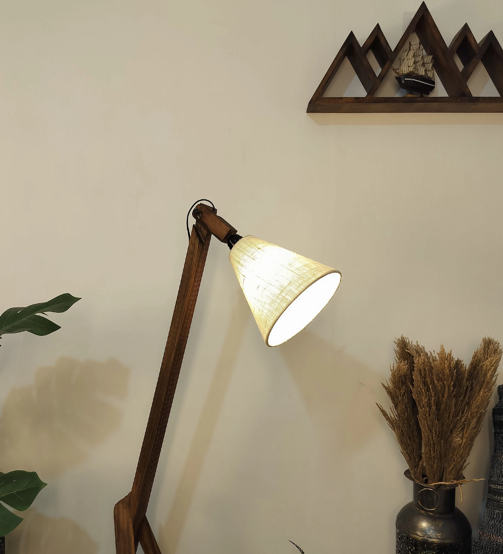 Melman Wooden Floor Lamp with Brown Base and Beige Fabric Lampshade (BULB NOT INCLUDED)