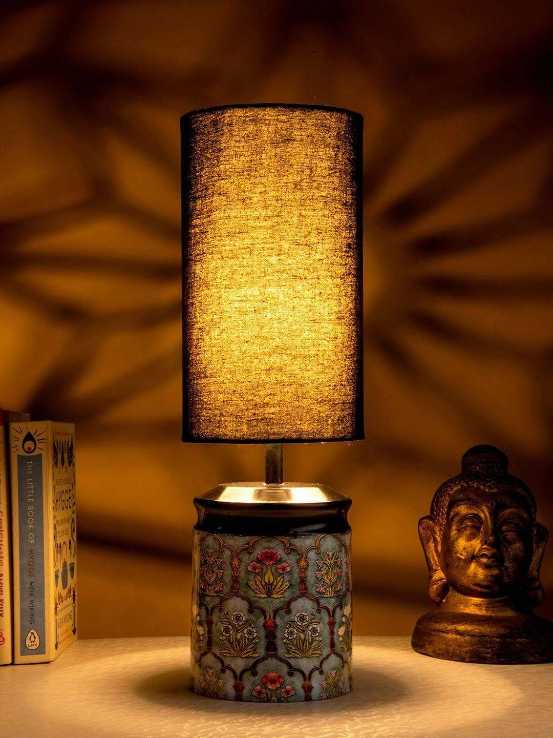 Metal Antique Motif printed Lamp with Solid Black Shade