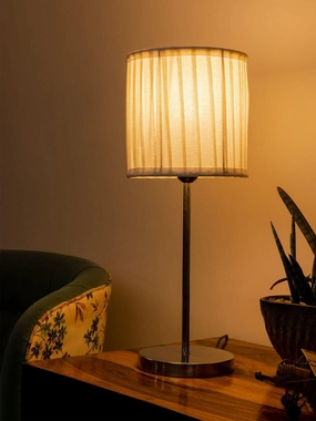 Metal Chrome Finish Lamp with Pleeted Cotton White Shade Louis Poulsen chandelier