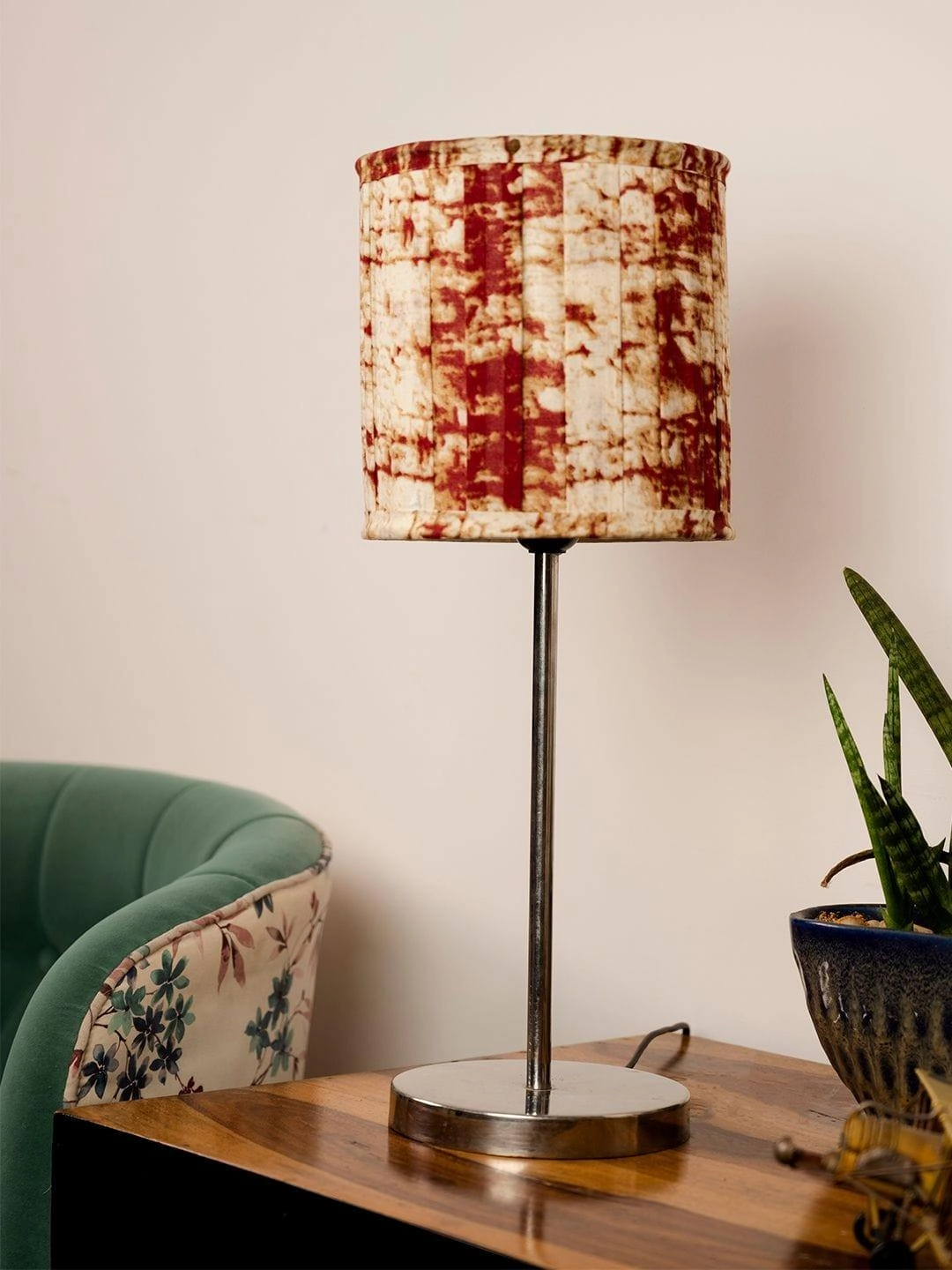 Metal Chrome Finish Lamp with Pleeted Multicolor Maroon Shade