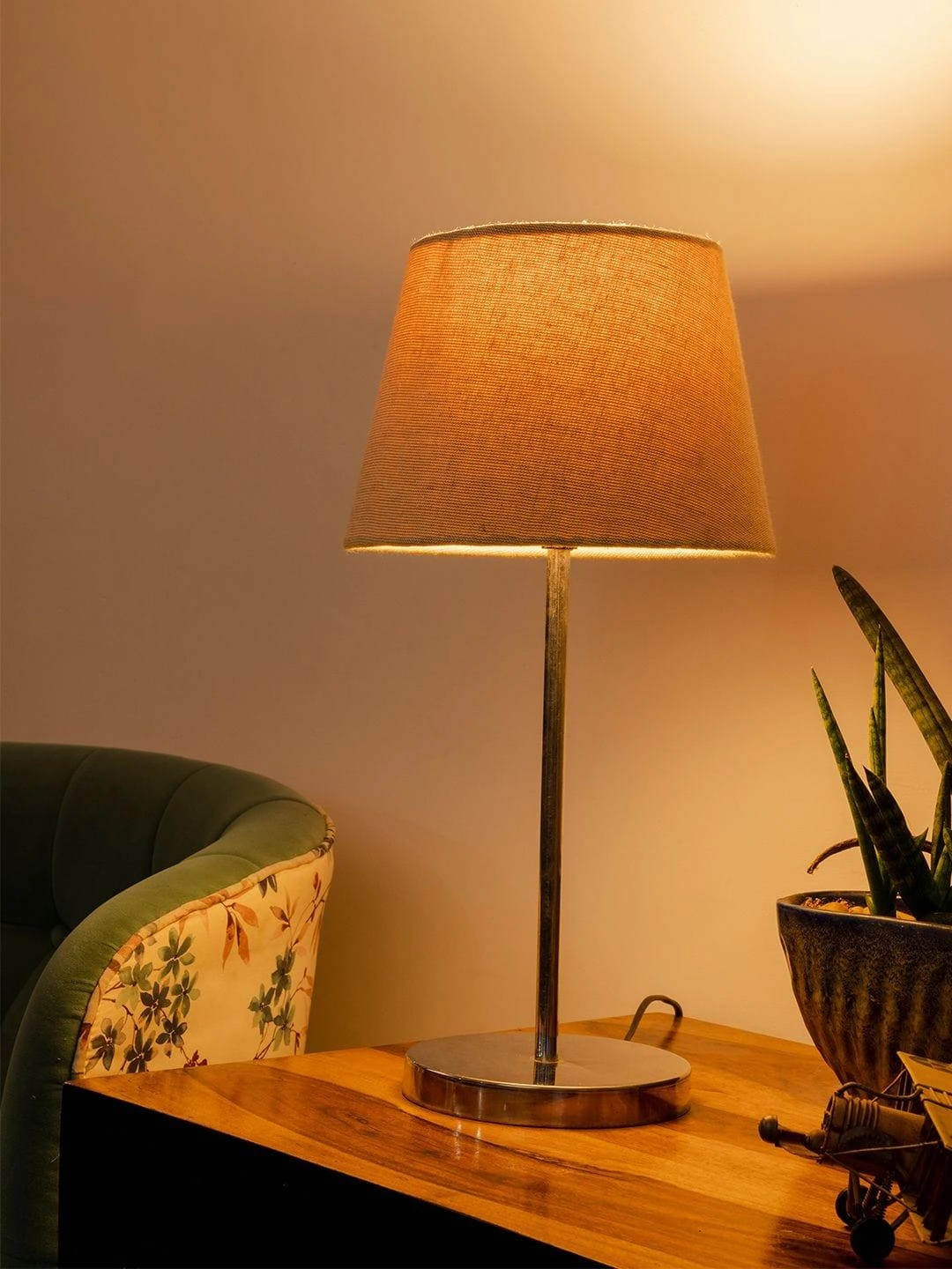 Metal Chrome Finish Lamp with Smare Taper Brown Shade