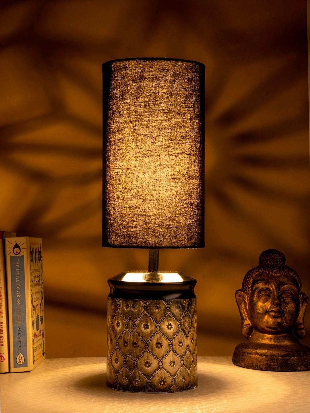Metal Diamond Tile Print Lamp with Solid Black Shade