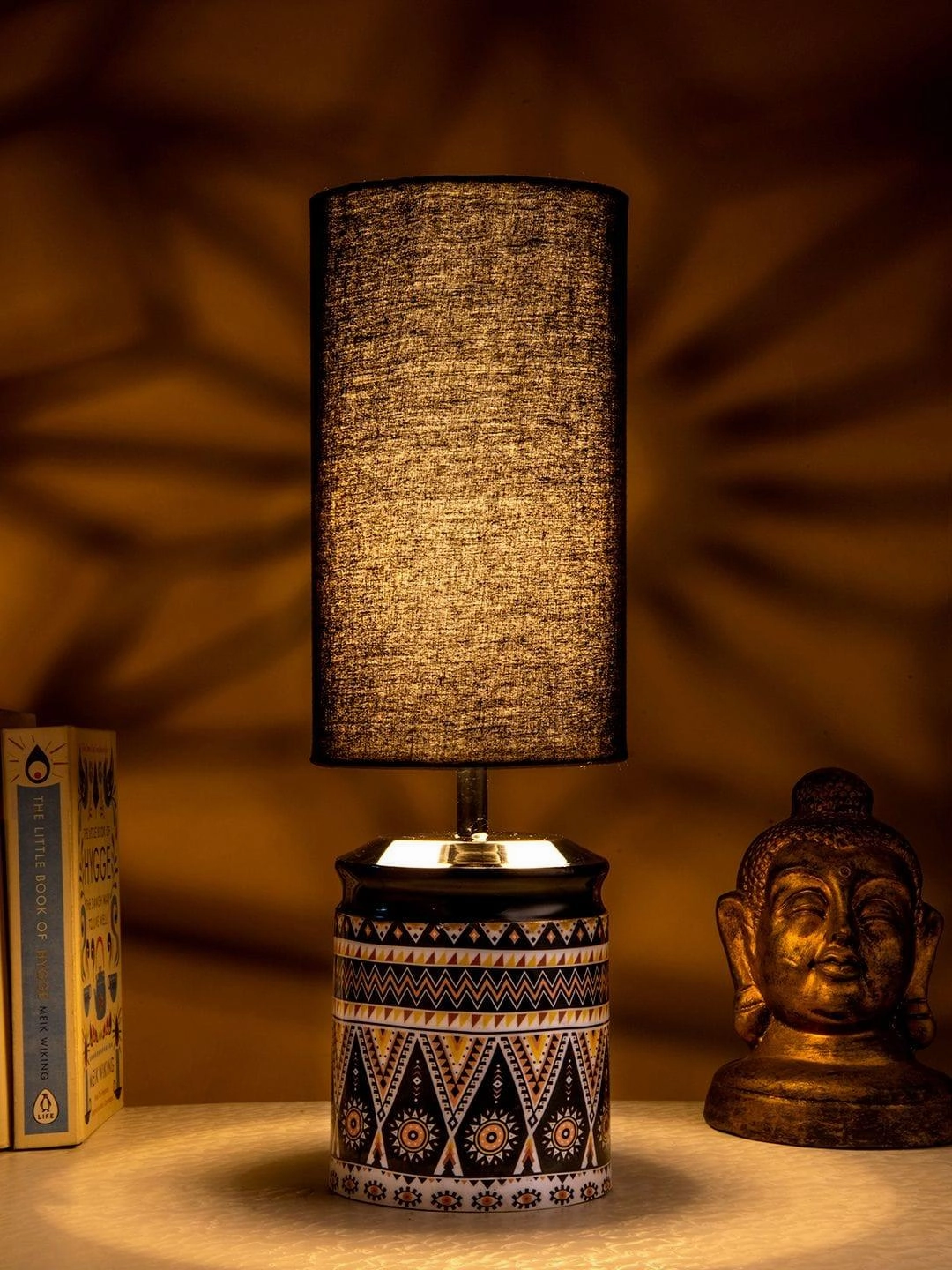 Metal Linear Art Printed Lamp with Solid Black Shade