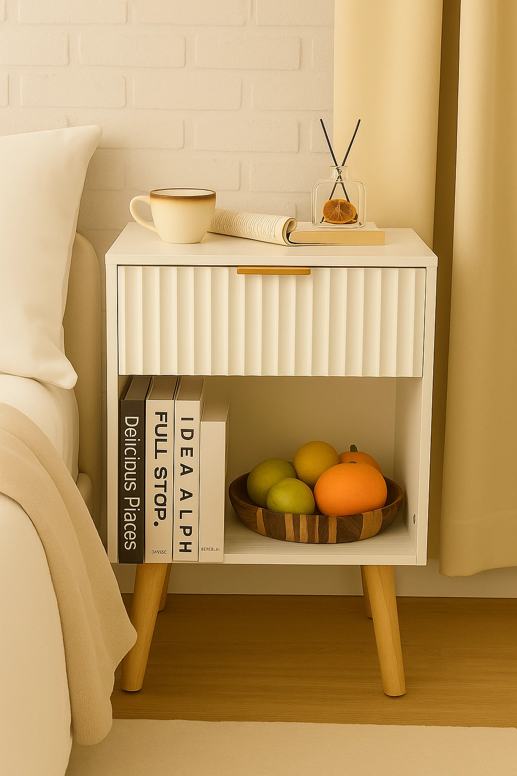 Mid Century Modern Nightstand, Wood Bedside Table with Drawer and Opening Storage, End Table Living Room Fluted Night Stand with Solid Wood Legs for Bedroom