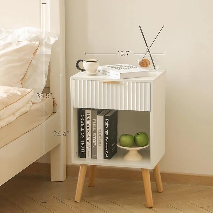 Mid Century Modern Nightstand, Wood Bedside Table with Drawer and Opening Storage, End Table Living Room Fluted Night Stand with Solid Wood Legs for Bedroom