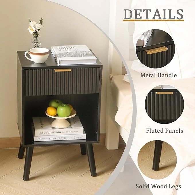 Mid Century Modern Nightstand, Wood Bedside Table with Drawer and Opening Storage, End Table Living Room Fluted Night Stand with Solid Wood Legs for Bedroom