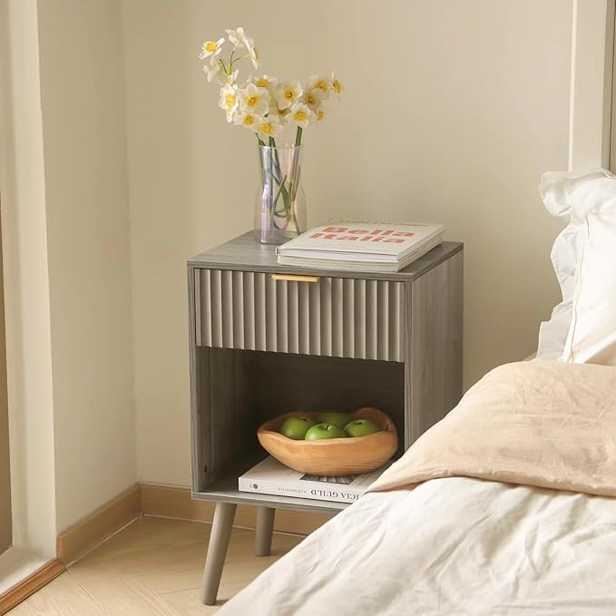 Mid Century Modern Nightstand, Wood Bedside Table with Drawer and Opening Storage, End Table Living Room Fluted Night Stand with Solid Wood Legs for Bedroom
