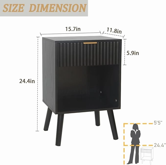 Mid Century Modern Nightstand, Wood Bedside Table with Drawer and Opening Storage, End Table Living Room Fluted Night Stand with Solid Wood Legs for Bedroom