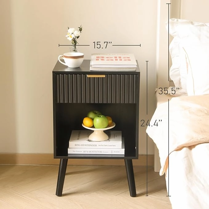 Mid Century Modern Nightstand, Wood Bedside Table with Drawer and Opening Storage, End Table Living Room Fluted Night Stand with Solid Wood Legs for Bedroom