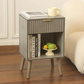 Mid Century Modern Nightstand, Wood Bedside Table with Drawer and Opening Storage, End Table Living Room Fluted Night Stand with Solid Wood Legs for Bedroom Louis Poulsen chandelier
