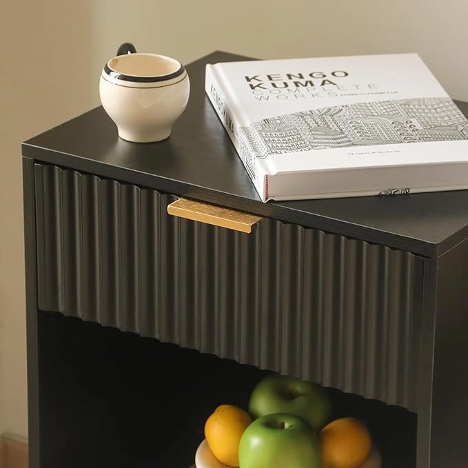 Mid Century Modern Nightstand, Wood Bedside Table with Drawer and Opening Storage, End Table Living Room Fluted Night Stand with Solid Wood Legs for Bedroom