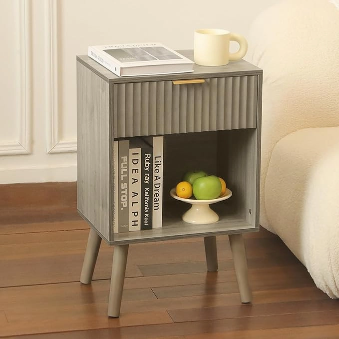 Mid Century Modern Nightstand, Wood Bedside Table with Drawer and Opening Storage, End Table Living Room Fluted Night Stand with Solid Wood Legs for Bedroom Louis Poulsen chandelier