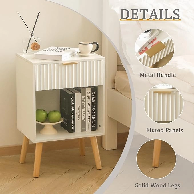 Mid Century Modern Nightstand, Wood Bedside Table with Drawer and Opening Storage, End Table Living Room Fluted Night Stand with Solid Wood Legs for Bedroom