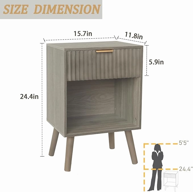 Mid Century Modern Nightstand, Wood Bedside Table with Drawer and Opening Storage, End Table Living Room Fluted Night Stand with Solid Wood Legs for Bedroom