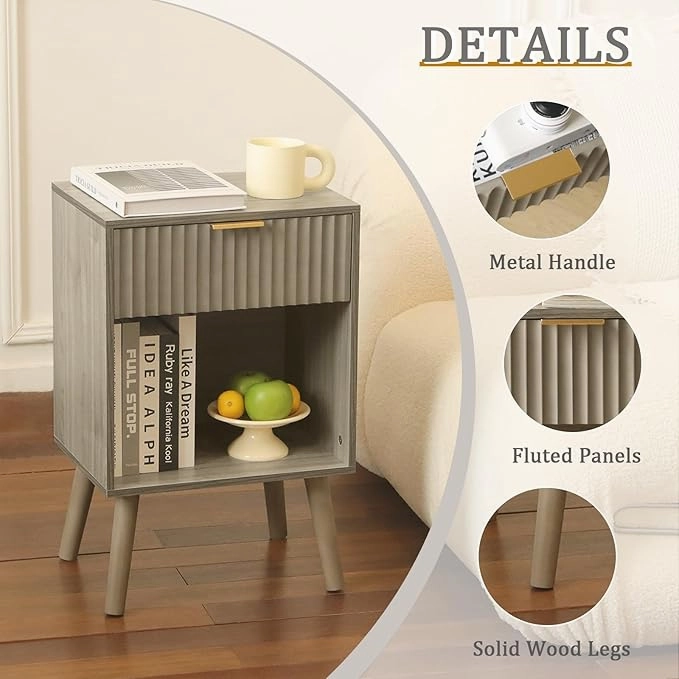 Mid Century Modern Nightstand, Wood Bedside Table with Drawer and Opening Storage, End Table Living Room Fluted Night Stand with Solid Wood Legs for Bedroom