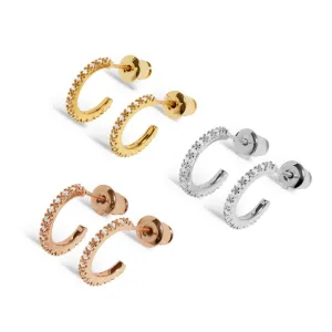 Mini Charms Three Tone Pave Hoop Silver Gold Rose Gold Plated Earrings 7649 Joma Jewellery
