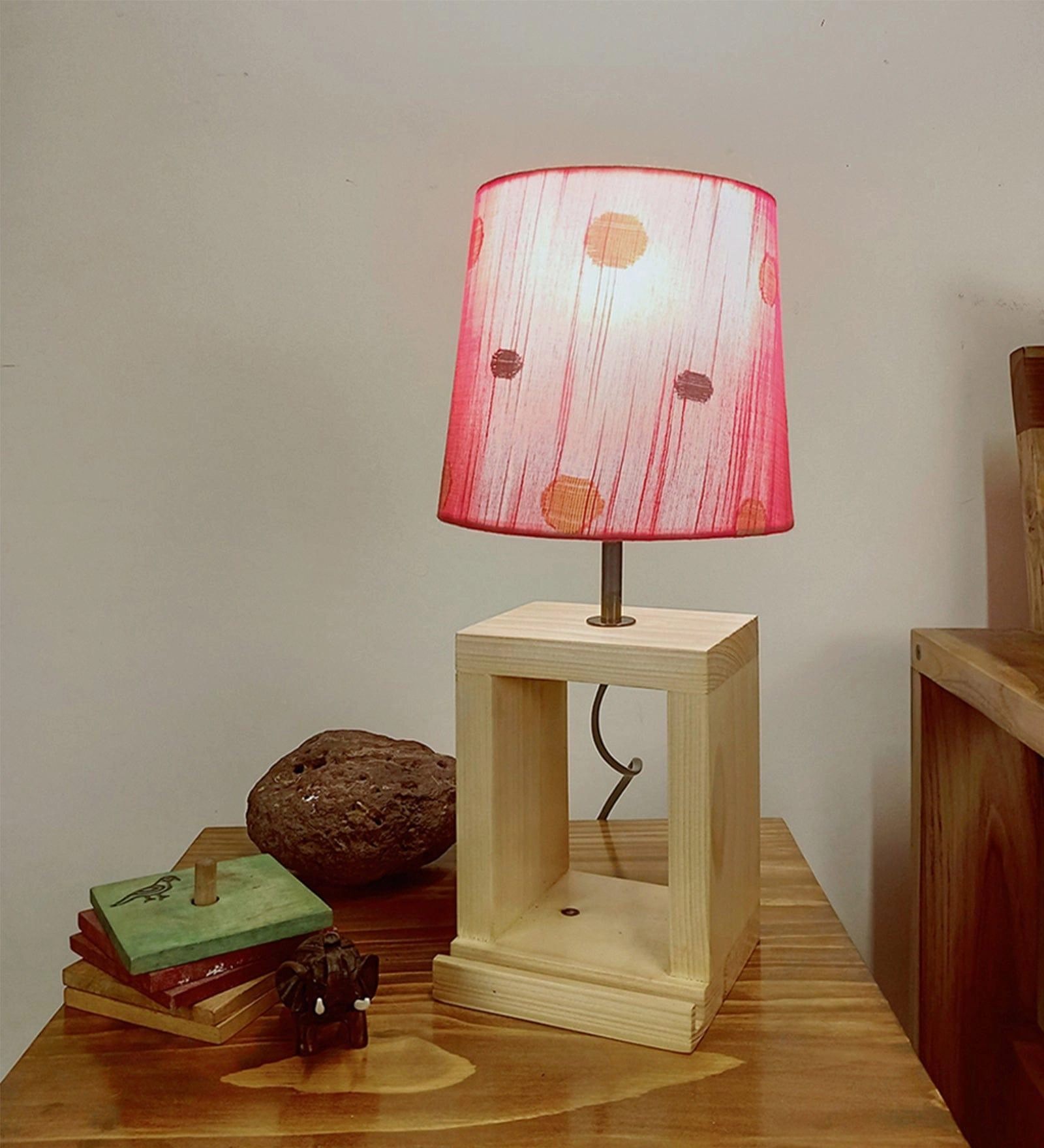 Moby Beige Wooden Table Lamp with Red Printed Fabric Lampshade (BULB NOT INCLUDED)