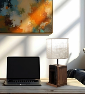 Moby Brown Wooden Table Lamp with Yellow Printed Fabric Lampshade (BULB NOT INCLUDED) Louis Poulsen chandelier