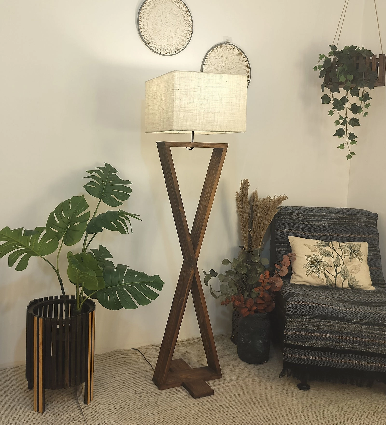 Monica Wooden Floor Lamp with Premium Beige Fabric Lampshade (BULB NOT INCLUDED) garden LED light