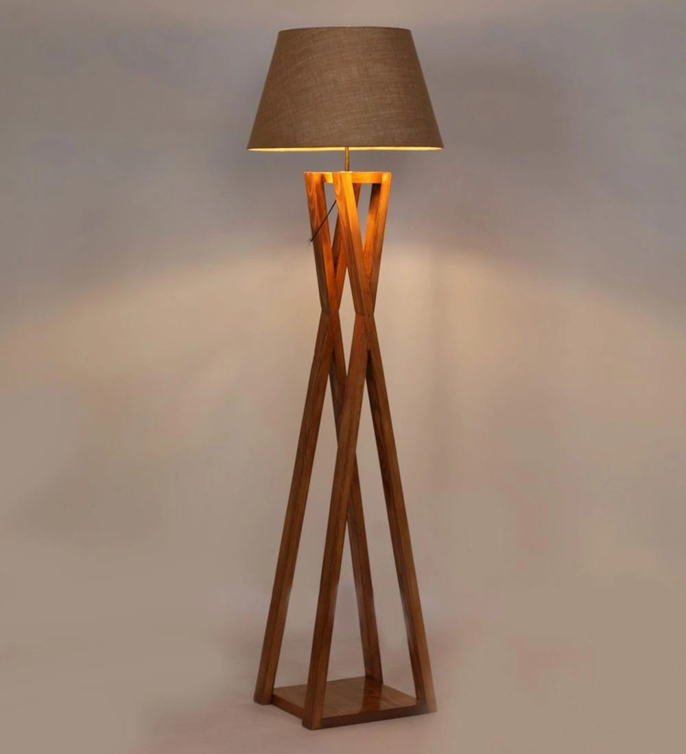 Monica Wooden Floor Lamp with Premium Brwon Fabric Lampshade