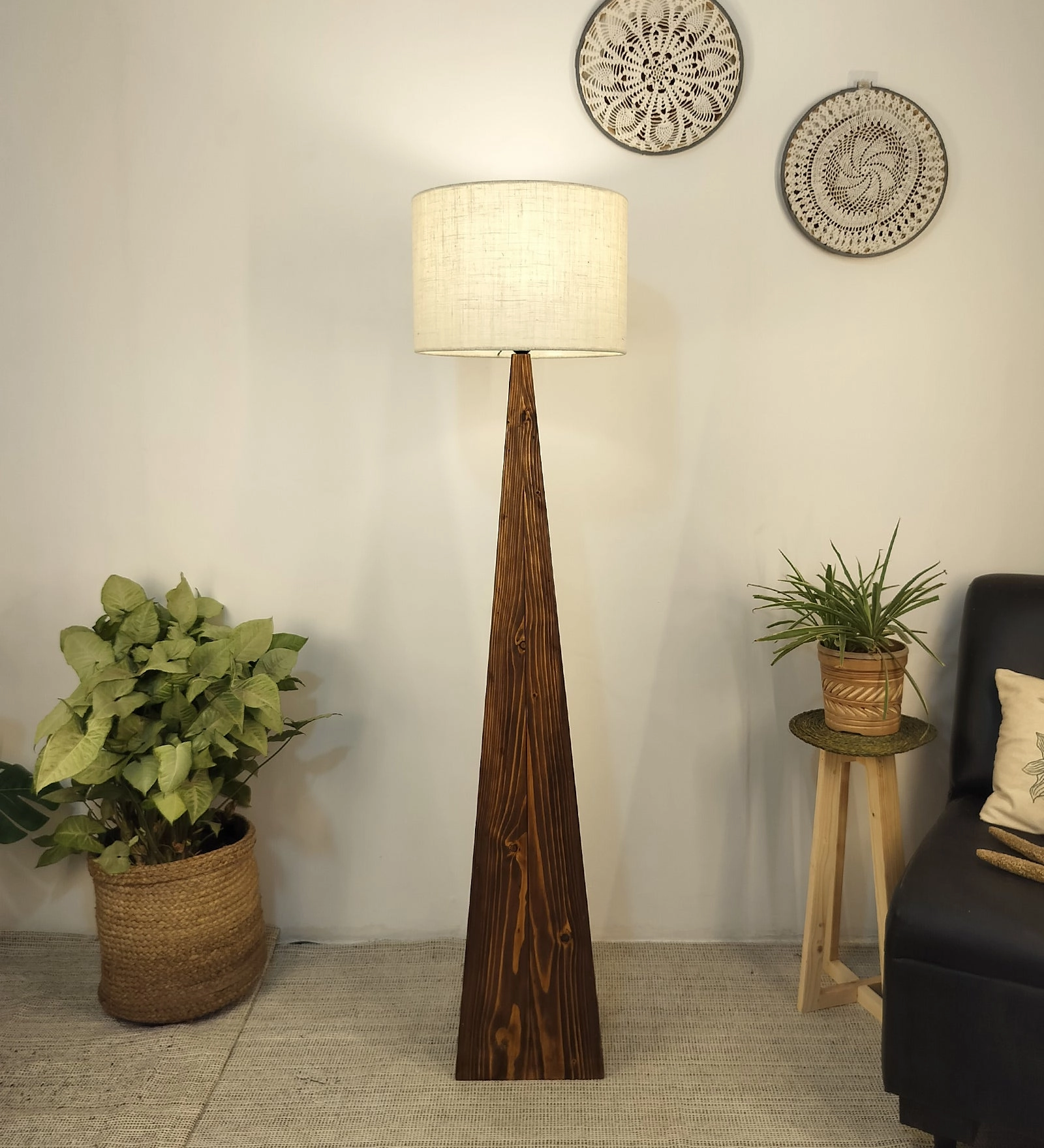 Monolith Wooden Floor Lamp with Brown Base and Jute Fabric Lampshade garden LED light