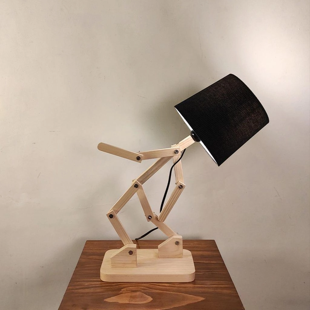 Moonwalker Beige Wooden Table Lamp with Black Fabric Lampshade (BULB NOT INCLUDED)