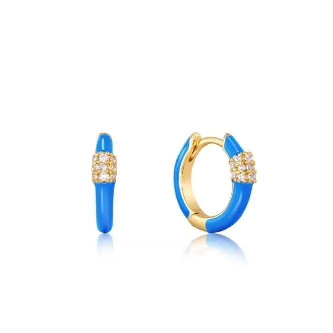 Neon Blue Enamel Carabiner Gold Huggie Hoop Earrings E040-01G-NB Ania Haie Jewellery