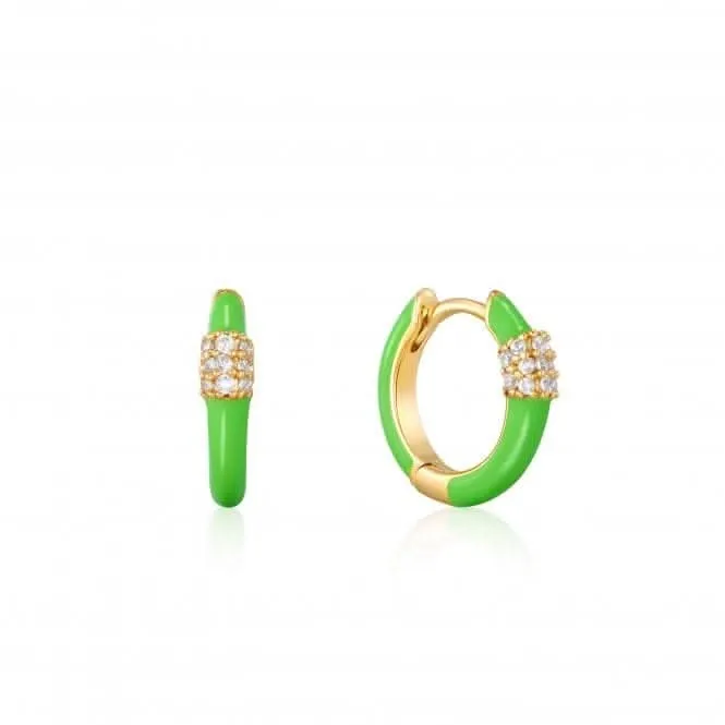 Neon Green Enamel Carabiner Gold Huggie Hoop Earrings E040-01G-NG Ania Haie Jewellery