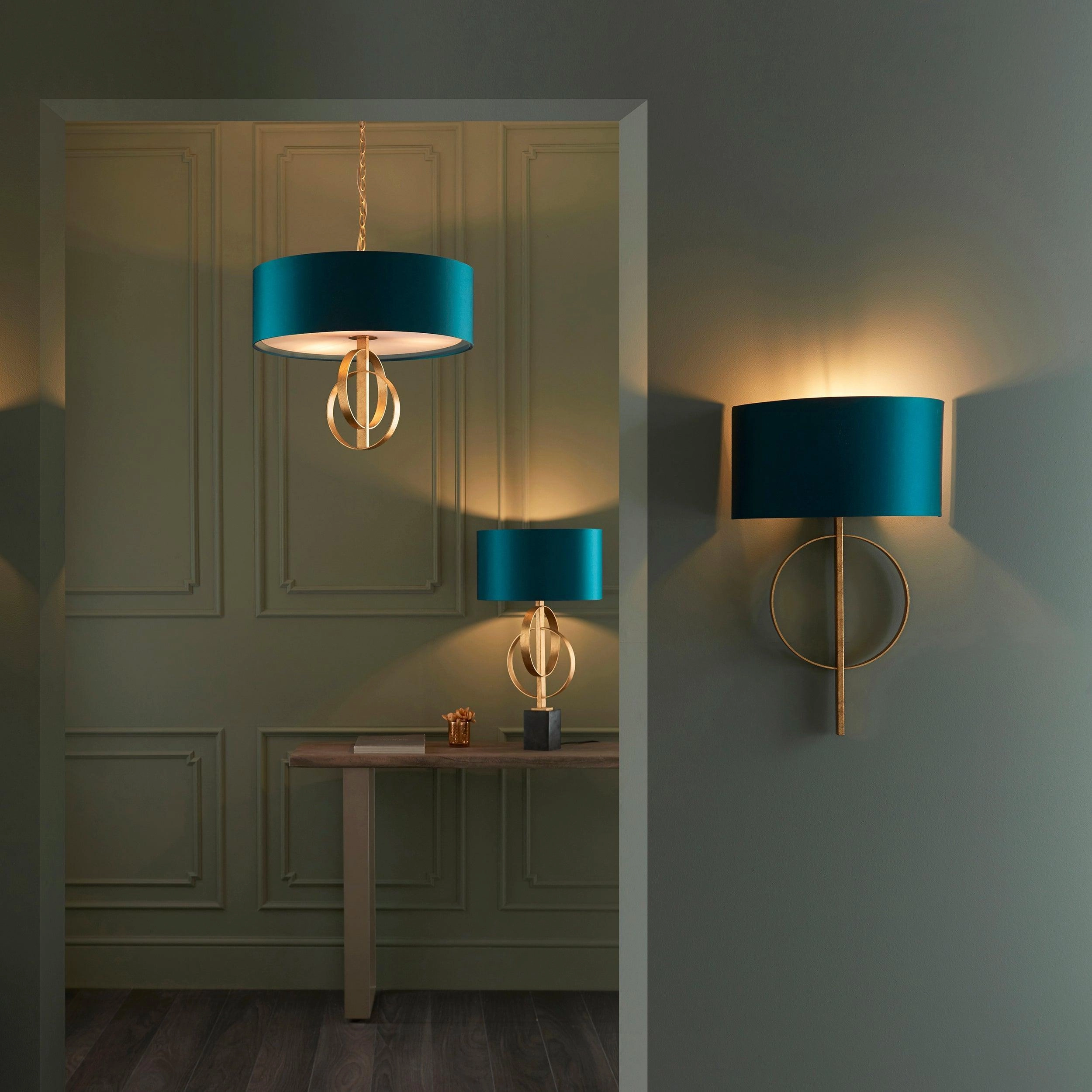 Norfolk 3 Light Gold Leaf Ceiling Pendant - Large Teal Shade