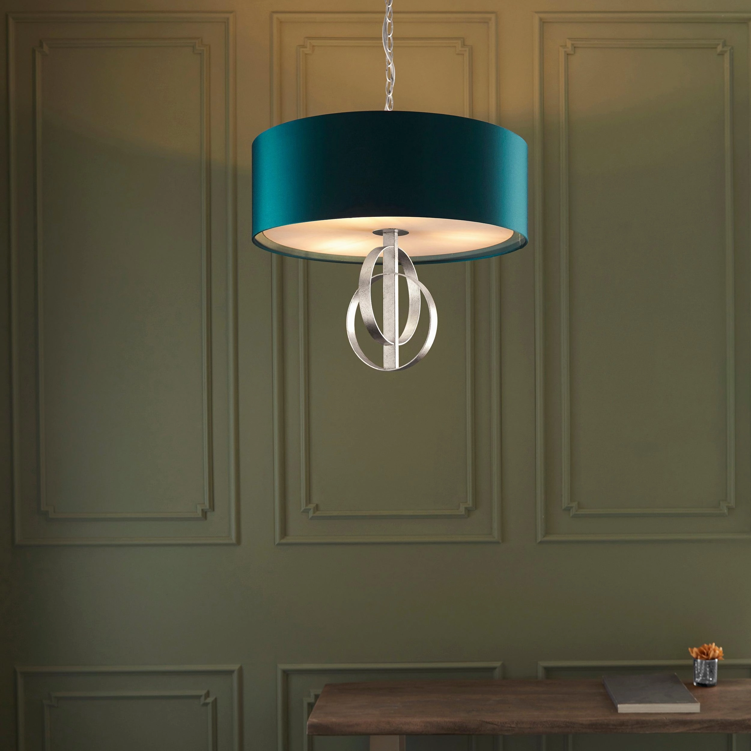 Norfolk 3 Light Silver Leaf Pendant With Large Teal Shade