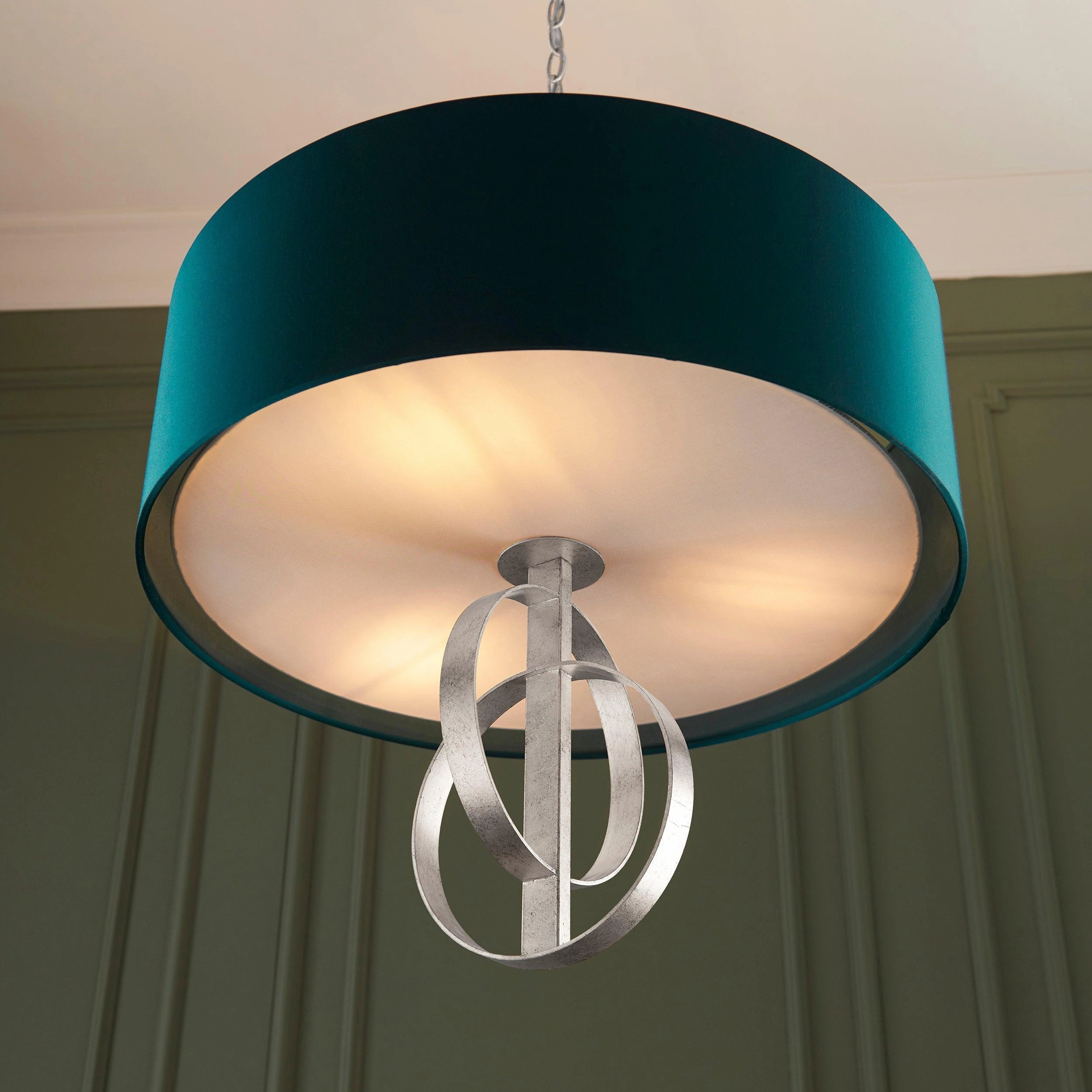 Norfolk 3 Light Silver Leaf Pendant With Large Teal Shade