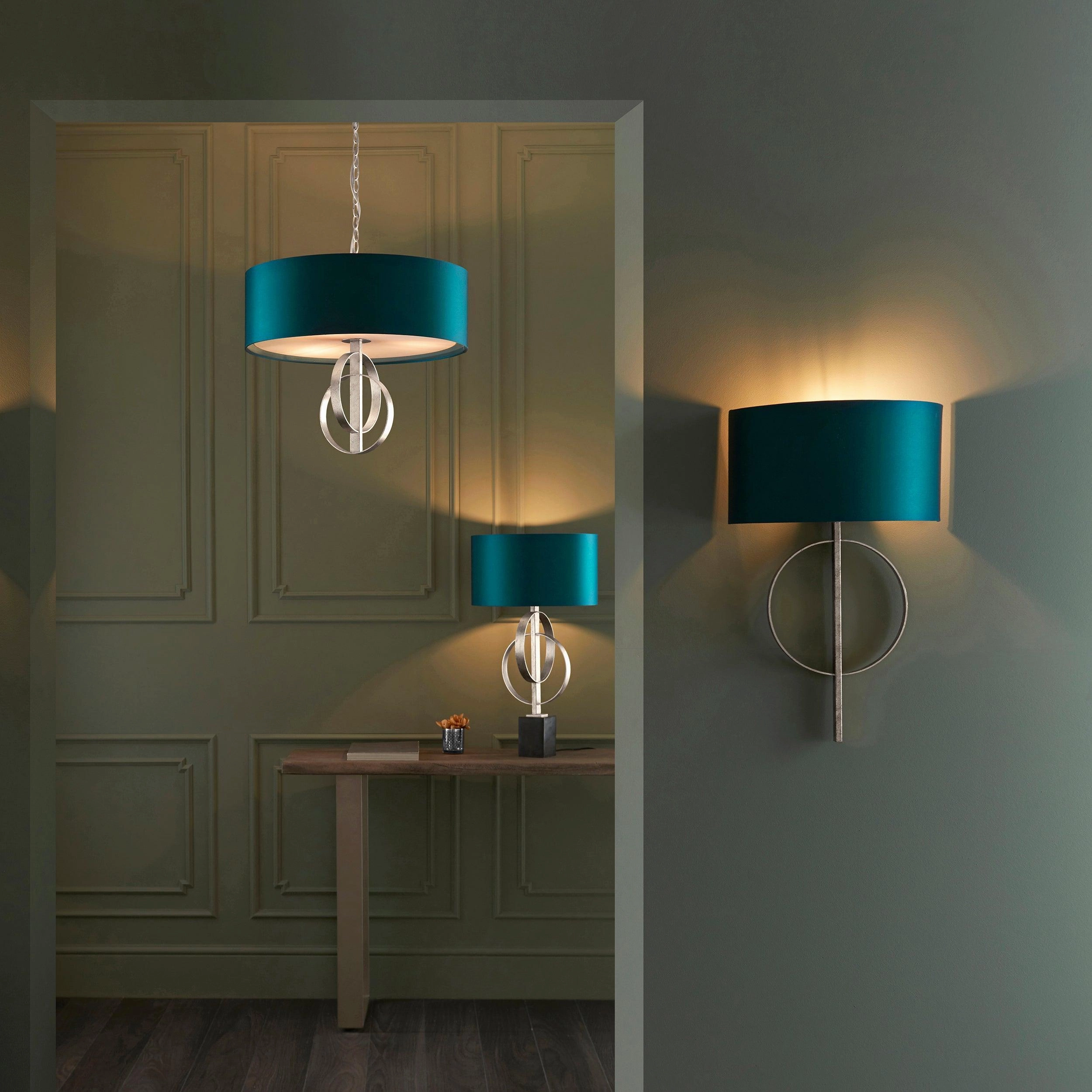 Norfolk 3 Light Silver Leaf Pendant With Large Teal Shade