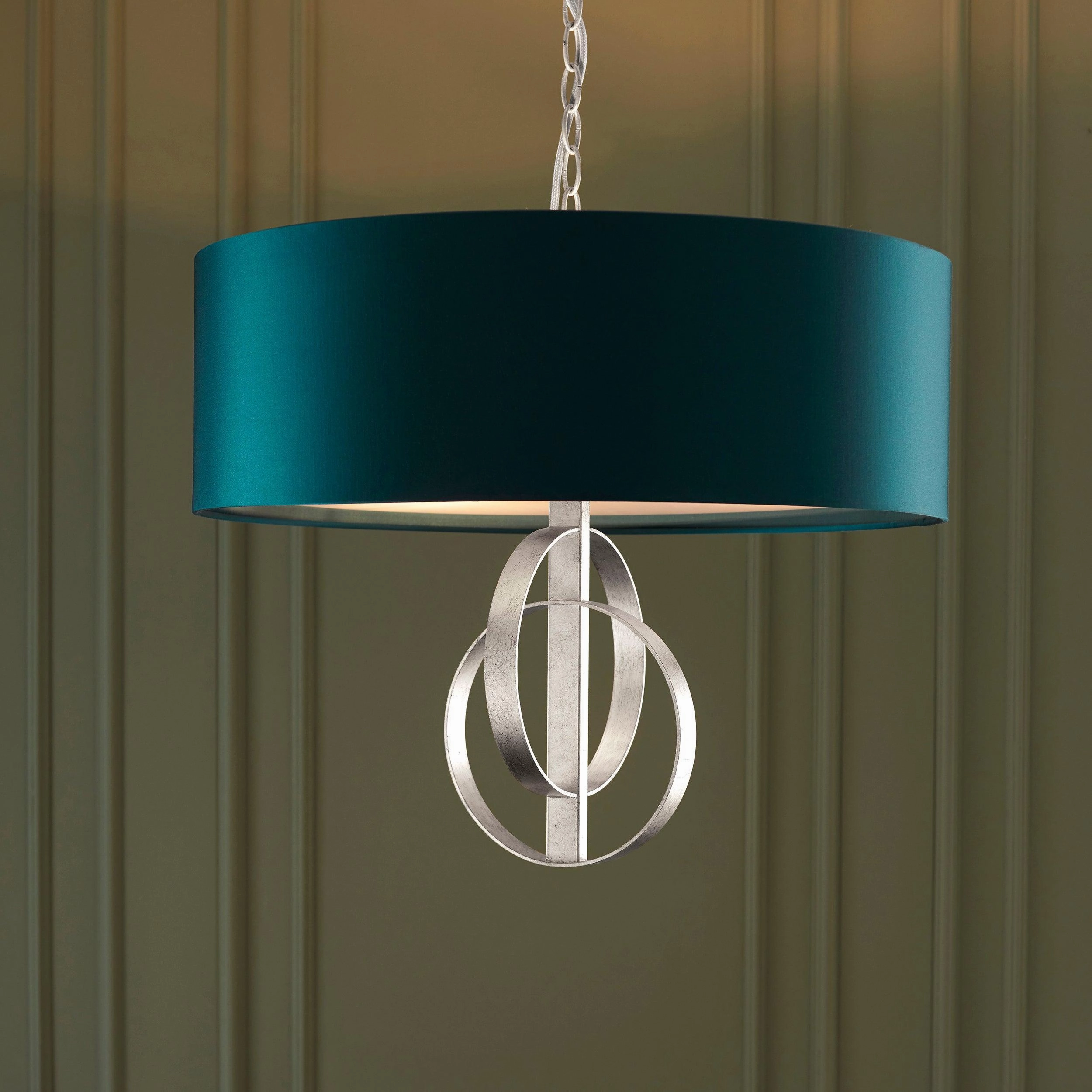 Norfolk 3 Light Silver Leaf Pendant With Large Teal Shade