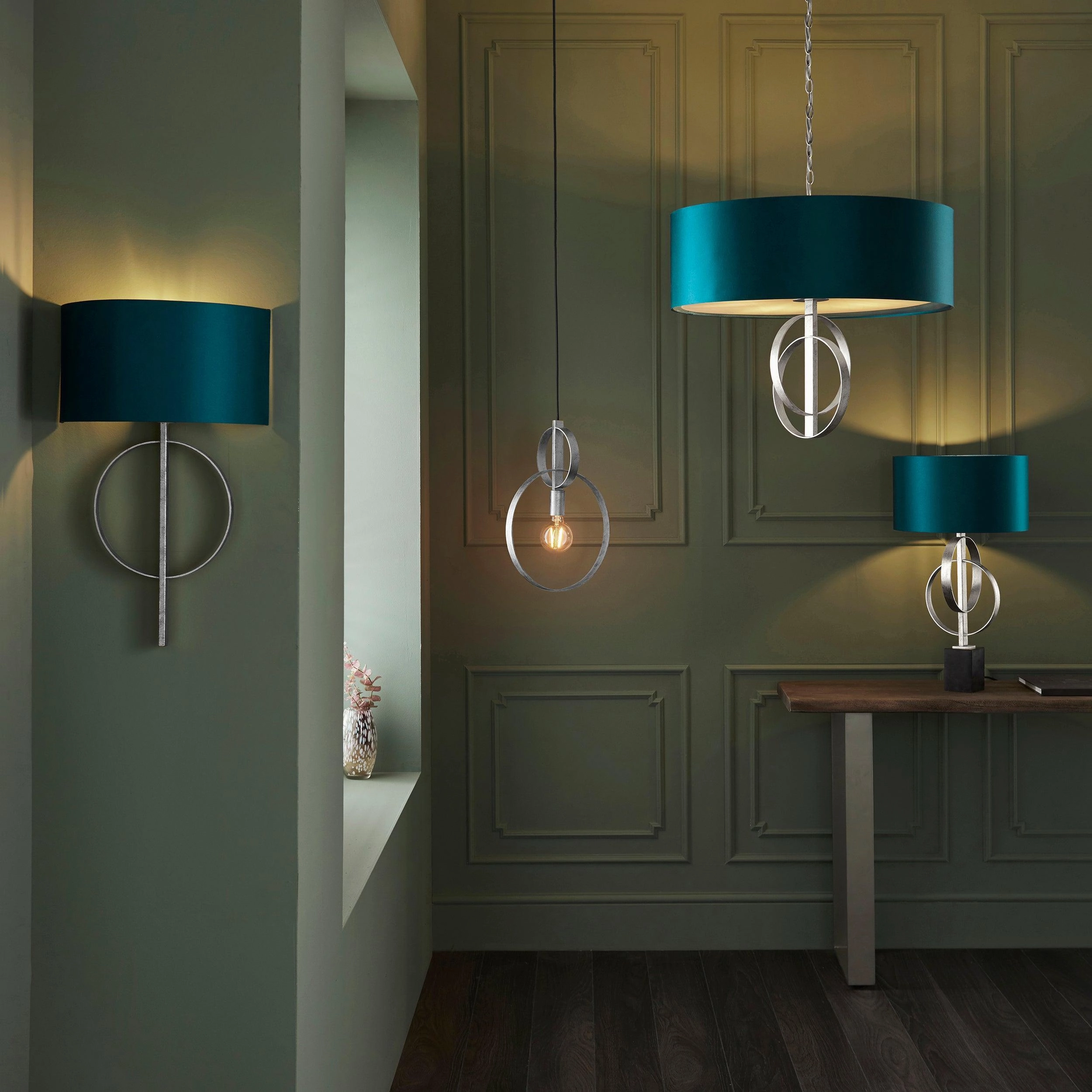 Norfolk Extra Large 5 Light Silver Leaf Pendant - Teal Shade