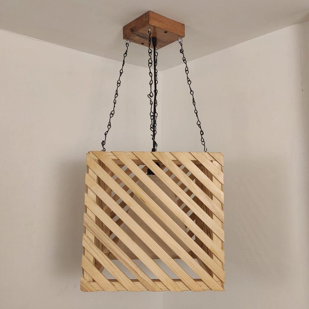 Oblique Beige Wooden Single Hanging Lamp