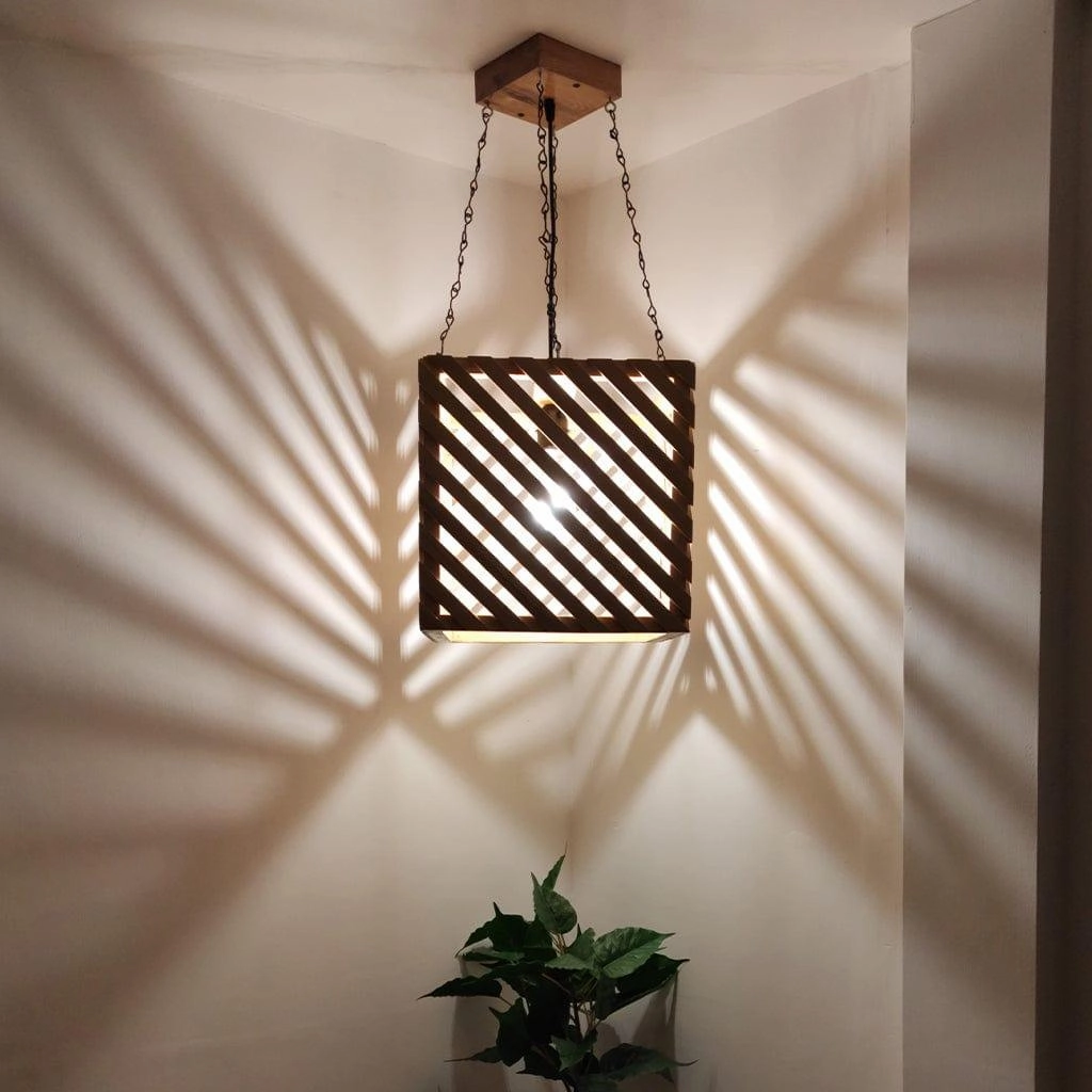 Oblique Beige Wooden Single Hanging Lamp