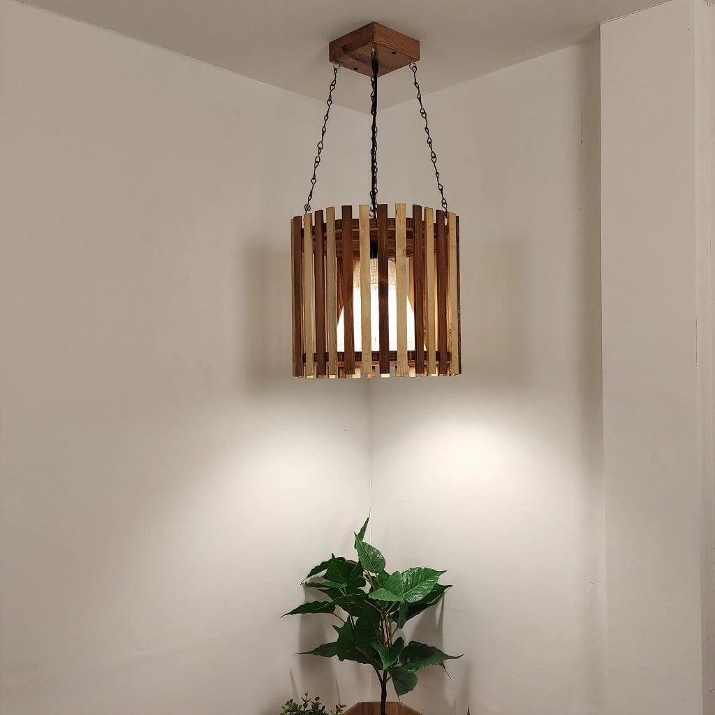 Octa Beige & Brown Wooden Single Hanging Lamp contemporary ceiling fixture