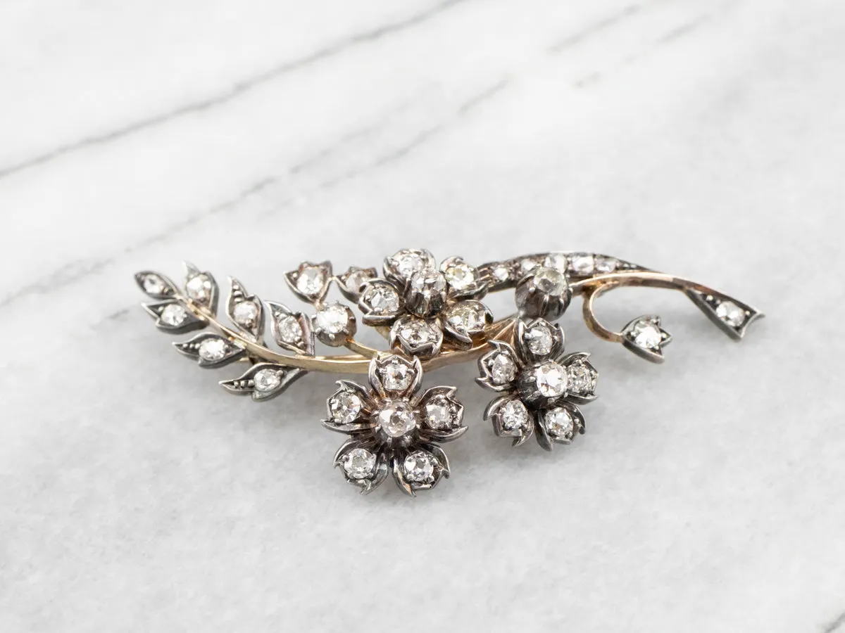 Old Mine Cut Diamond 1850s Floral Brooch