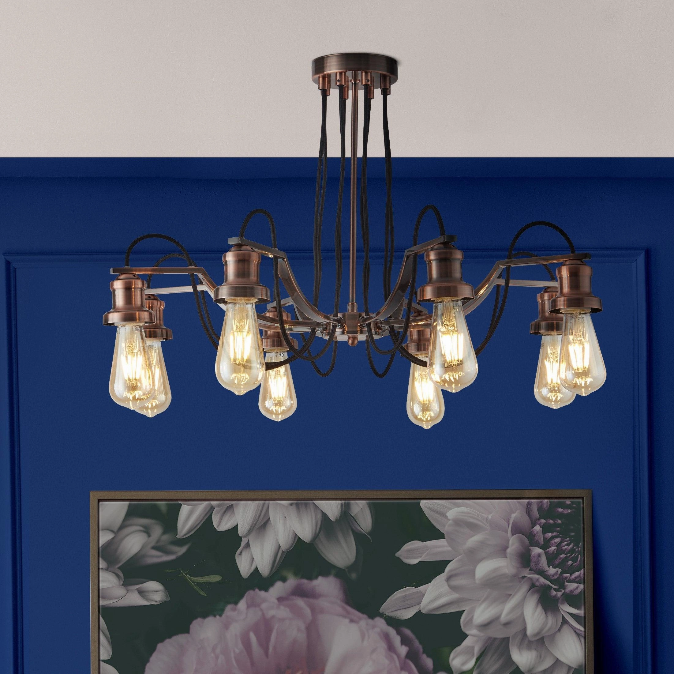 Olivia 8 Light Copper Pendant Ceiling Light - Braided Cable