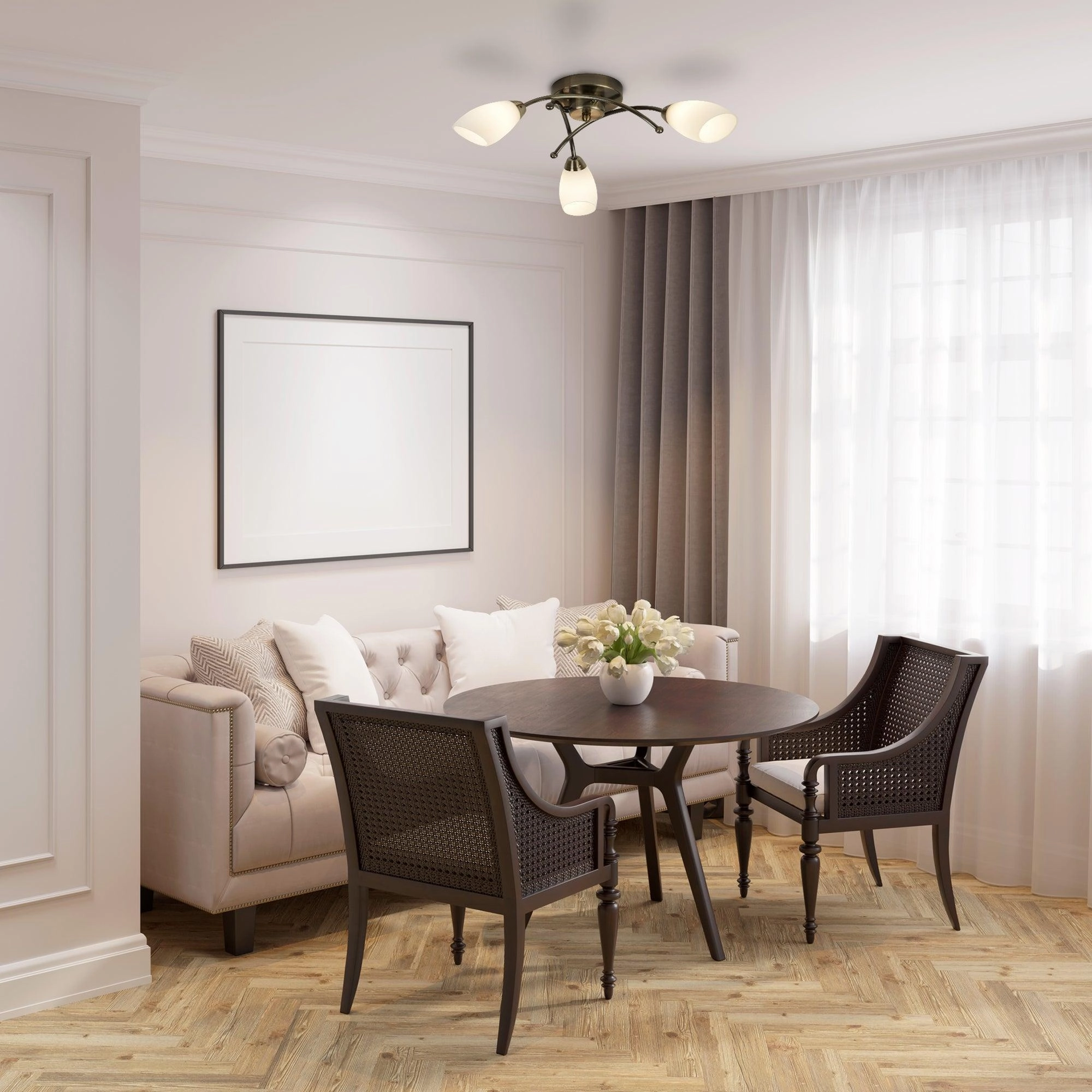 Opera 3 Light Brass Flush Ceiling Light - Opal Glass
