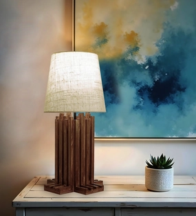 Palisade Brown Wooden Table Lamp with White Fabric Lampshade (BULB NOT INCLUDED) Louis Poulsen chandelier