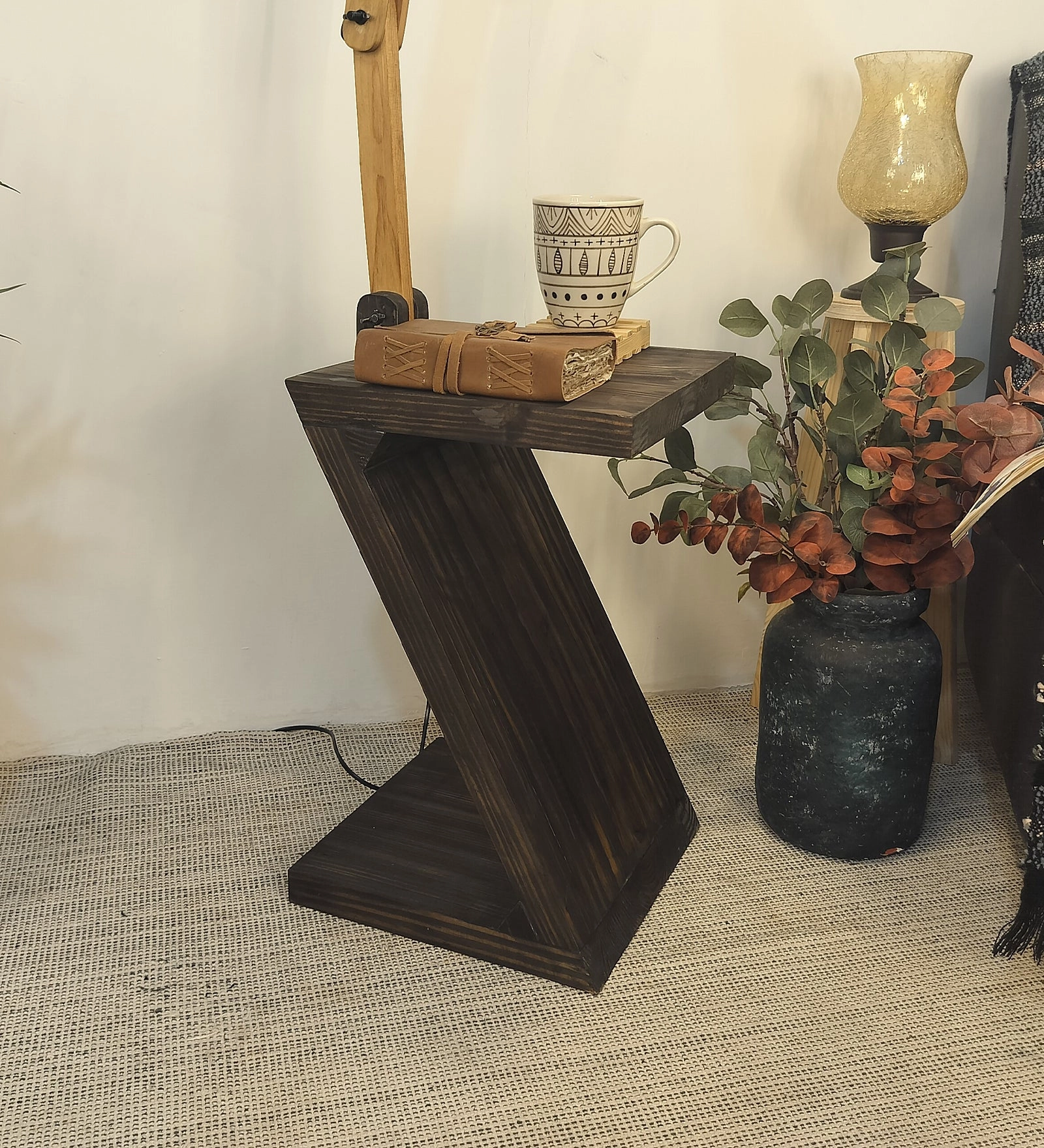 Patrice Wooden Floor Lamp with Brown Base and Jute Fabric Lampshade (BULB NOT INCLUDED)