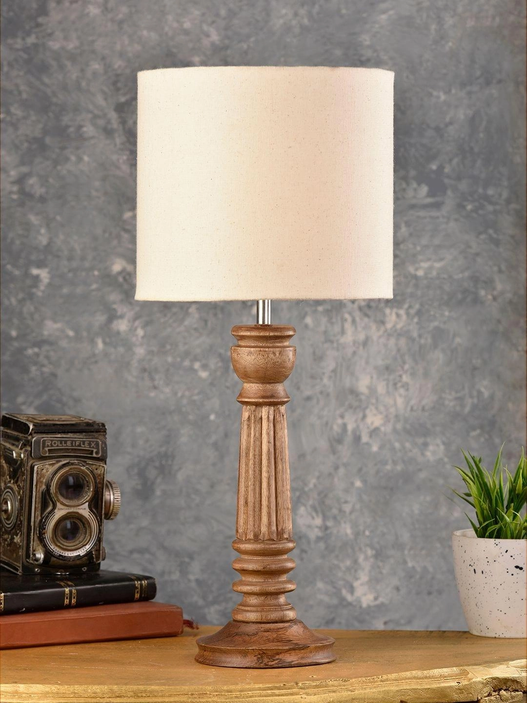 Pillar Brown Lamp with White Cotton Shade