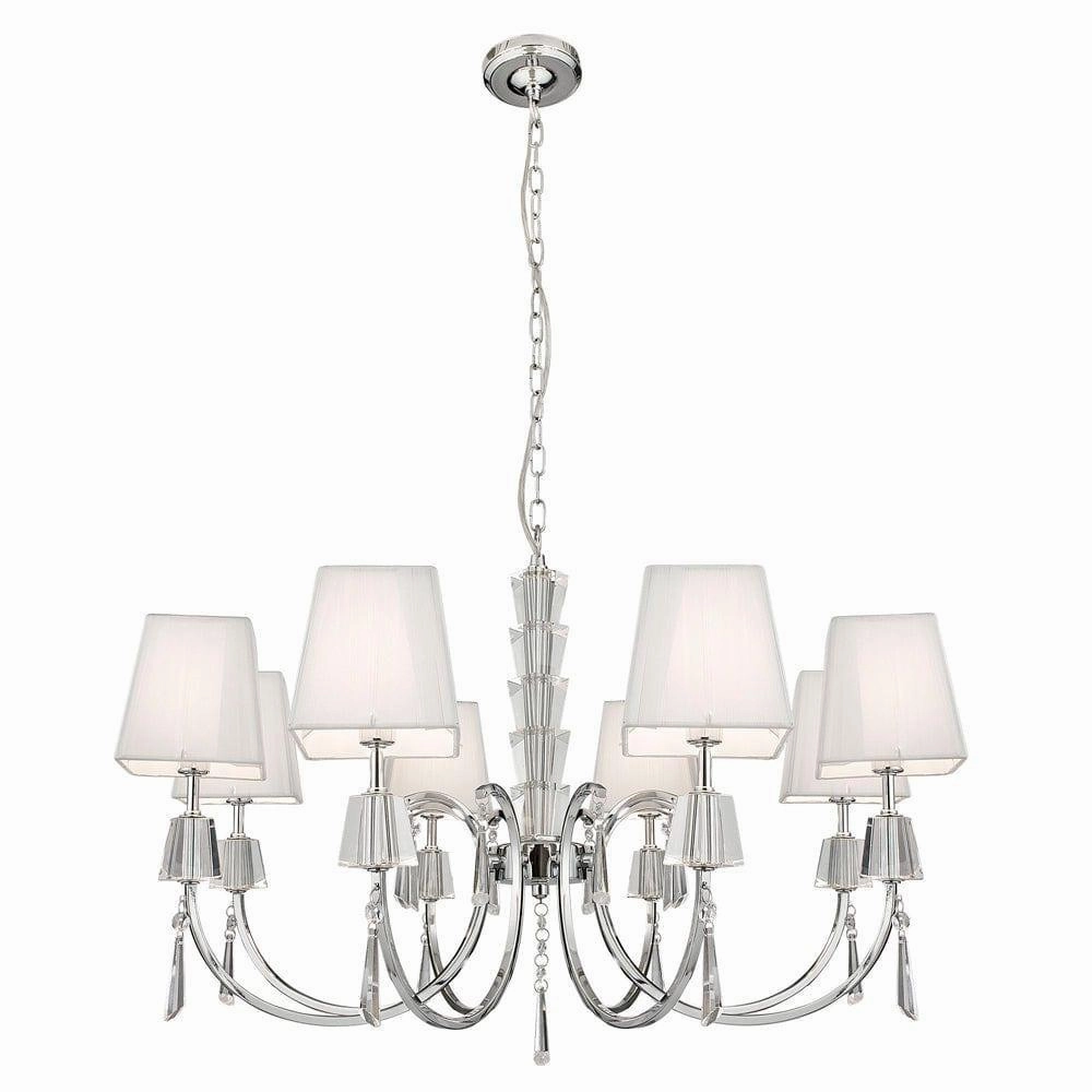 Portico Chrome & Crystal 8 Light Pendant - White Shades minimalist ceiling light