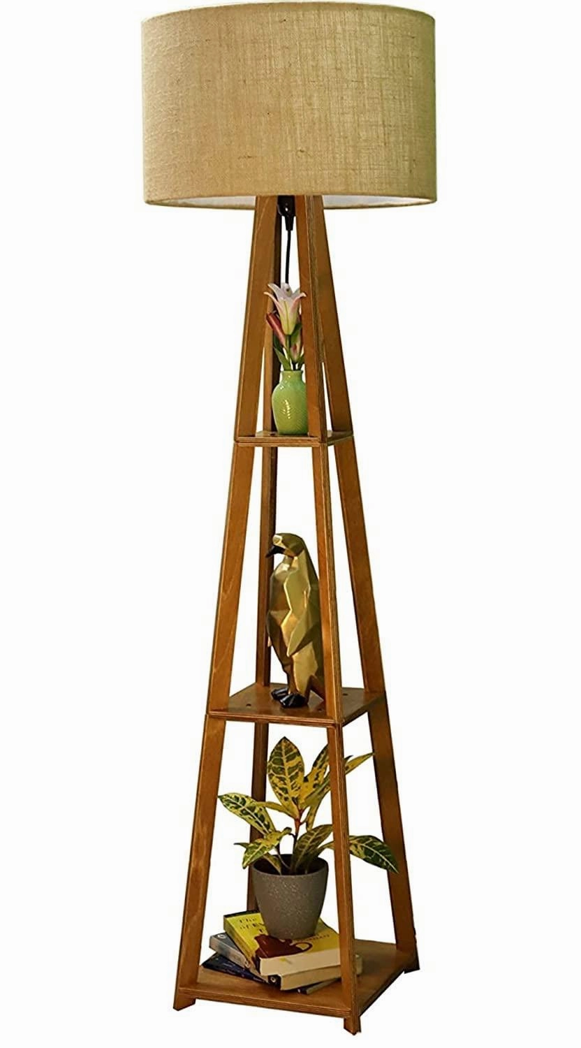 Premium Birch Brown Polished Plywood Floor Lamp with Shelf (Brown Shade)