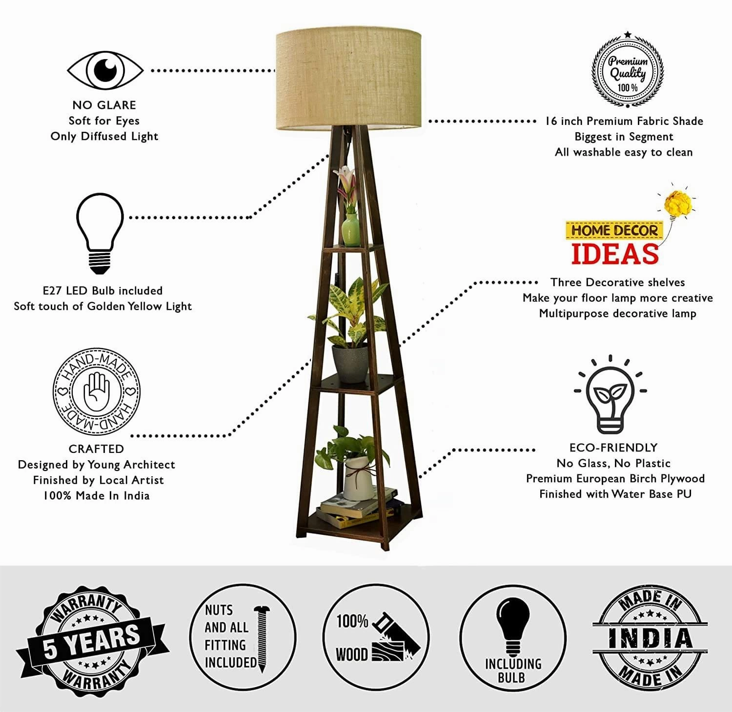 Premium Birch Plywood Brown Floor Lamp with Shelf (Jute Shade)