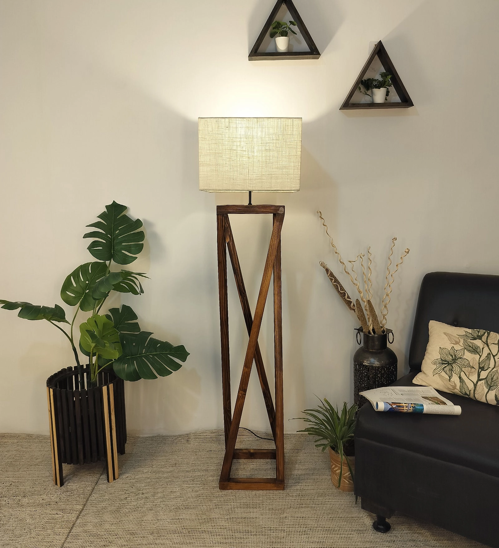 Remy Wooden Floor Lamp with Brown Base and Beige Fabric Lampshade (BULB NOT INCLUDED) garden LED light