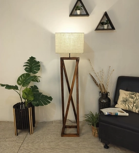 Remy Wooden Floor Lamp with Brown Base and Beige Fabric Lampshade (BULB NOT INCLUDED) garden LED light